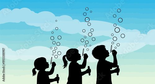 Children Silhouettes Blowing Soap Bubbles Together.