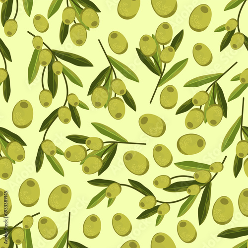 Seamless pattern with green olives and olive branches on light background