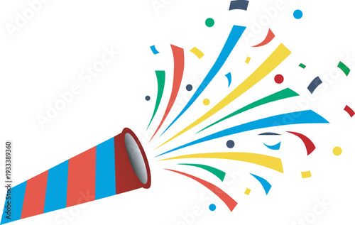 Colorful confetti bursting from a festive party horn Vector illustration
