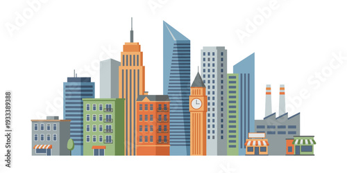 Modern urban city skyline featuring skyscrapers, a clock tower landmark, residential blocks, retail stores, and an industrial factory