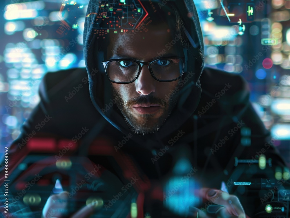 Obraz premium Hacker in Hoodie and Glasses Looks Intently at Glowing Digital Data