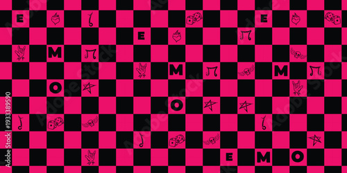 Emo checkered background. Vector illustration simple pink skull and black heart on fire music note ... on chessboard background. Perfect Emo seamless pattern for wall decor wallpaper textile fabric pr