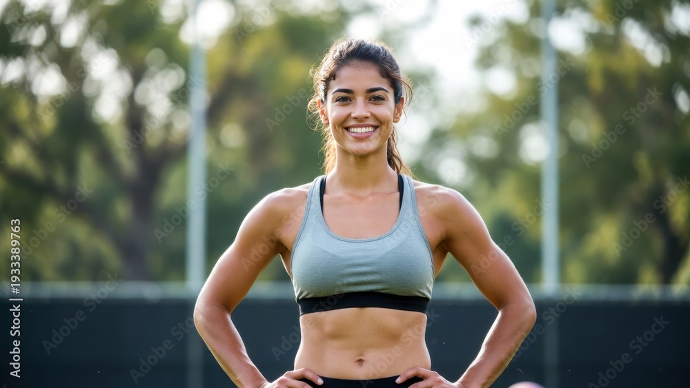 Fototapeta premium Athletic woman standing on sports field smiling confidently.