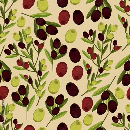 Seamless olive pattern with green and red olives and branches