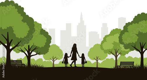 Mother and Children Walking in the Park.