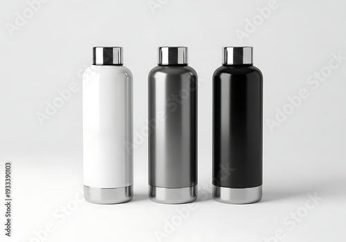 Three metallic reusable water bottles in white silver and black colors on clean white background for modern product showcase