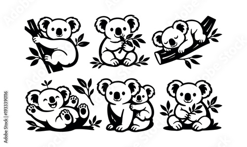 Koala bears in flat silhouette style, resting, interacting with eucalyptus, and showing a mother with her young
