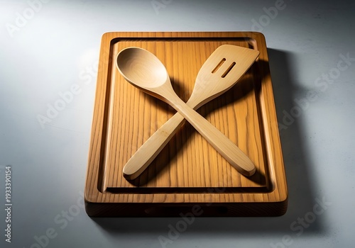 Wooden spoon and spatula crossed on a wooden cutting board on a gray surface with shadow