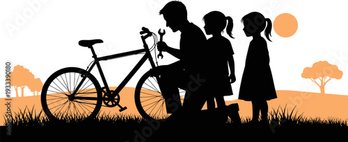Silhouette of Father and Children with Bicycle.