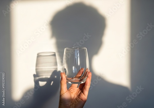 A hand holding an empty glass with a shadow of a person on the wall behind it in a room with natural light