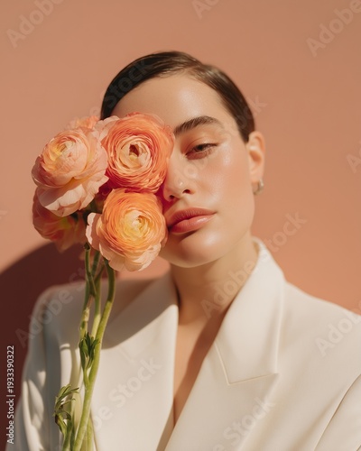 Woman with slicked back hair gently holding a bouquet of peach ranunculus flowers against a soft pink background, showcasing a modern and elegant aesthetic