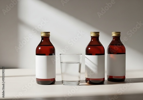Three amber glass bottles with white labels and gold caps on a table with a glass of water