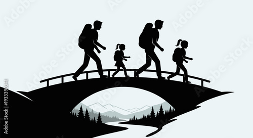 Family with Backpacks Crossing Bridge Together.