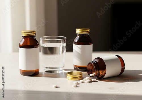 Two amber glass bottles with white labels and gold caps on a table with a glass of water and pills