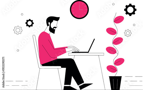  A bearded man sits at a desk typing on a laptop in this flat vector illustration. The scene includes office elements like a wall clock, cogwheels, and a tall potted plant.
