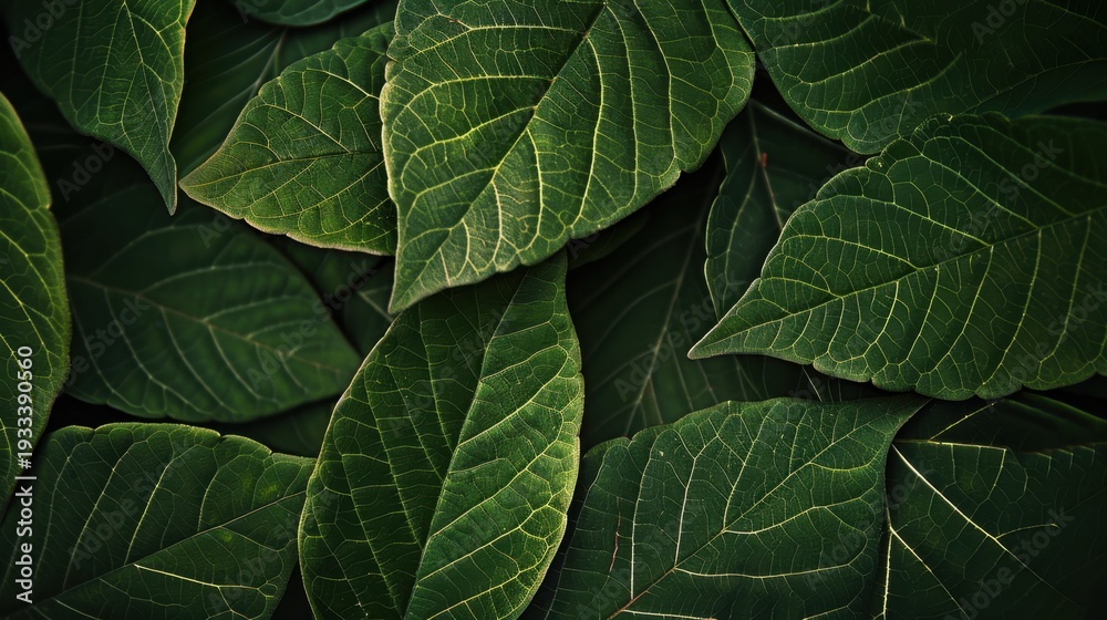 Fototapeta premium Green Leaves Background with Detailed Veins and Natural Texture