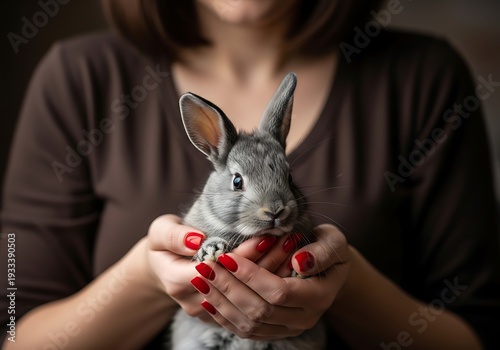 Woman gently holding a cute gray rabbit in her hands indoors