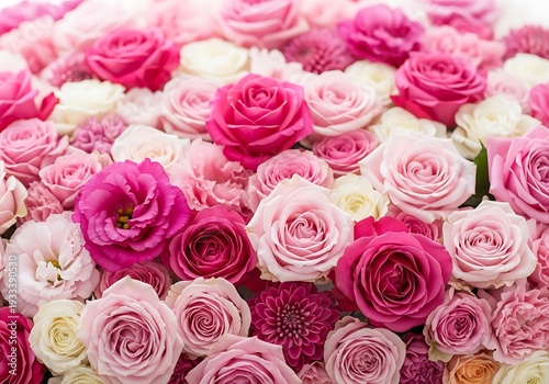 Vibrant mix of pink and white roses on a white background