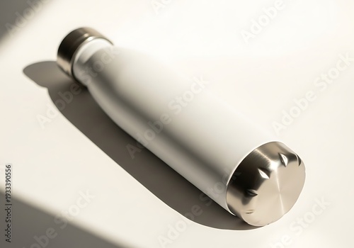 A silver metal thermos bottle on a white surface with a shadow cast on it from the light source