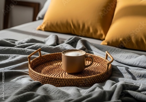 Cozy bedroom scene with wicker tray and cup on gray sheets and mustard yellow pillows
