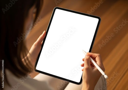 A woman holding a tablet and stylus in her hands while sitting on a wooden floor