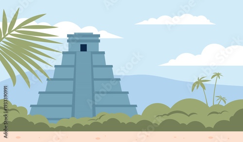 Maya pyramid. Flat ancient architecture element of aztec tribal. Old century civilization monument, mayas tribals culture. Historical flat style recent vector background