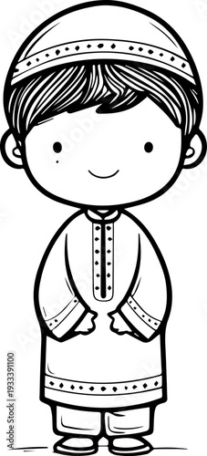 Smiling boy wearing traditional Muslim cap and kurta