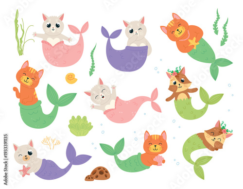 Cat mermaid. Kitten with mermaids tails and seaweed. Funny childish creatures, fairytale underwater animals. Isolated cartoon characters, classy vector clipart