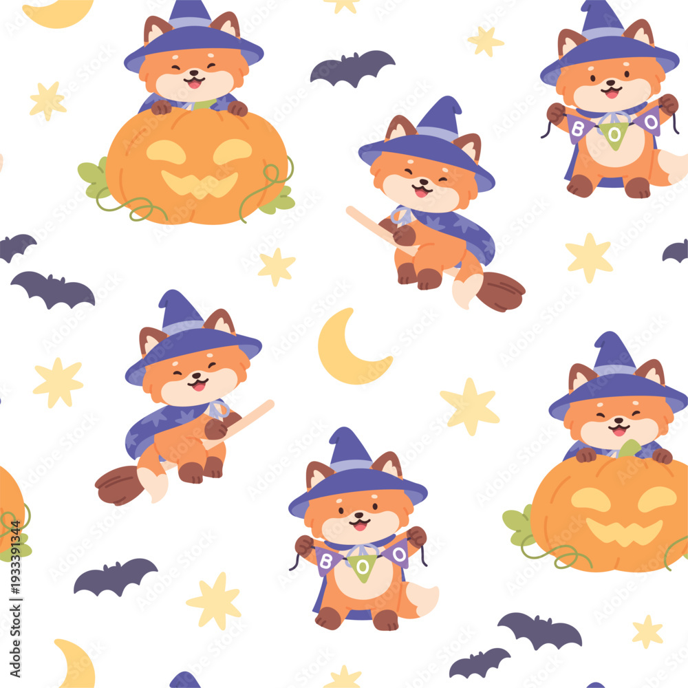 Obraz premium Halloween fox seamless pattern. Funny animal in witch costume with pumpkin and flying on broom. Childish print for textile, wallpaper, racy vector background