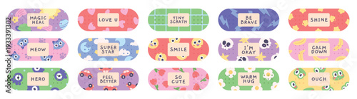 Aid band plaster. Medical sterile plasters with funny funny positive inscriptions. Childish patches for scratches and cuts, adorable stickers racy vector set