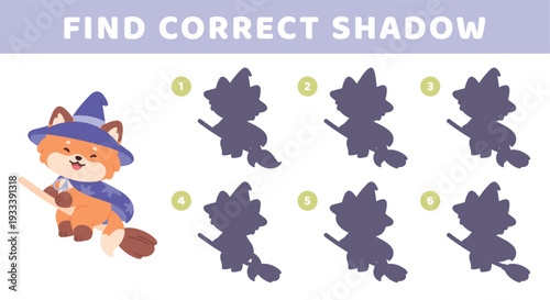 Find correct fox shadow. Children educational play with funny animal witch on broom. Development game template for toddlers, racy vector design