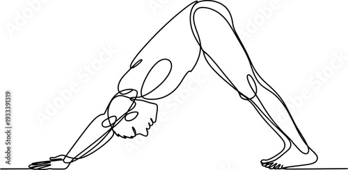 A single continuous line forms the figure of a person performing a yoga pose. The minimalist drawing depicts the Downward-Facing Dog position with fluidity and simplicity