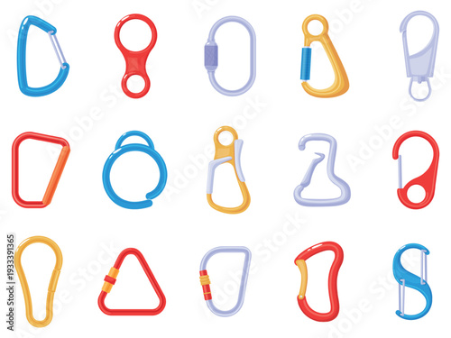 Carabiner climbing. Hook climber, plastic metal clasps for protection and safety. Accessory carabiners for backpack, bags, tools for handmade, nowaday vector set