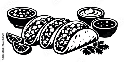 Tacos with toppings and side dishes in a black and white minimal illustration, representing traditional Mexican food