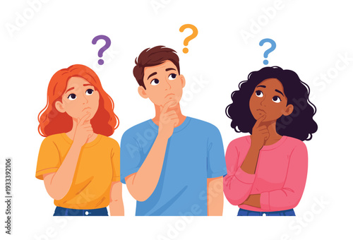 Group of diverse young people thinking, chin on hand, with question marks appearing above their heads, representing confusion and doubt