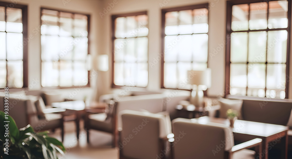 Fototapeta premium Blurred interior of a cozy lounge area with large windows and seating blurred, interior, lounge, cozy, seating