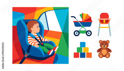Baby sitting securely in a colorful car seat, alongside essential childcare icons for parents and their child's needs