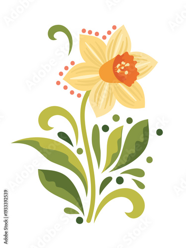 Wiosenny żonkil w stylu ludowym, dekoracyjna ilustracja wektorowa z kwiatem narcyza i motywami roślinnymi