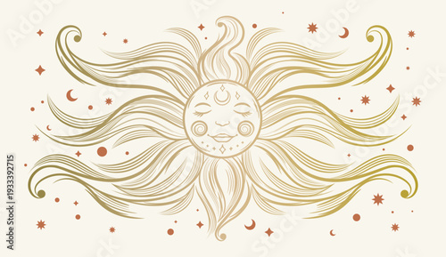 Vintage engraving-style sun face line art with ornate swirling rays and stars, gold on cream