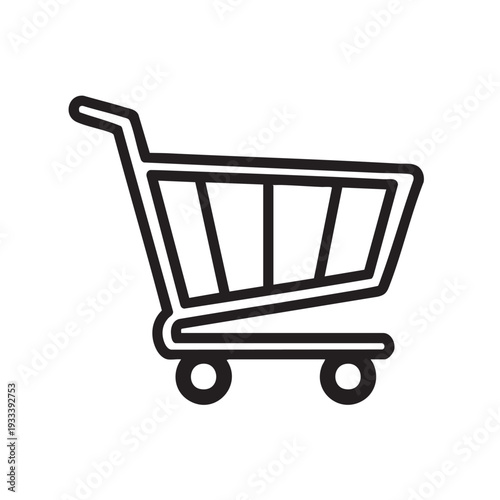 Simple line illustration of a shopping cart on wheels from a straightforward viewpoint