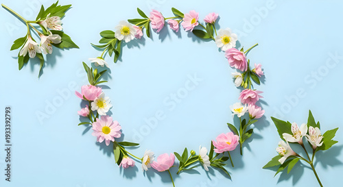 Delicate Pink and White Flowers Form a Wreath on a Light Blue floral, wreath, flowers, spring