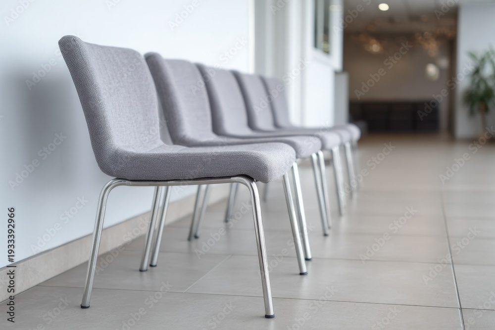 Obraz premium Modern grey chairs in minimalist waiting room with tiled floor
