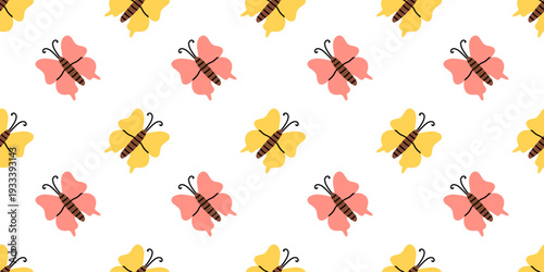 Vector seamless pattern with cute pink and yellow butterfly on white background. Playful spring insect print for kids fabric, nursery wallpaper, wrapping paper, stationery and girly branding.