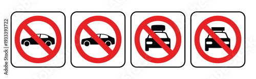 No, car entry or no parking traffic sign icon set featuring red prohibition circles, road restriction symbols, traffic safety warnings