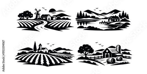 Set of four stylized farmland landscapes with houses, barns, windmills, fields, and a lake, symbolizing rural life and agriculture