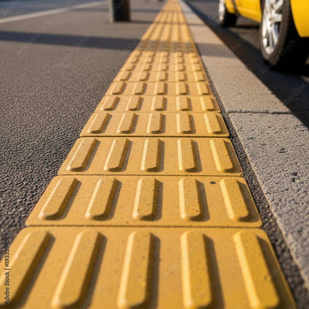 Fototapeta premium Tactile Paving Guide Path Along City Street with Textured Surface and Yellow Color