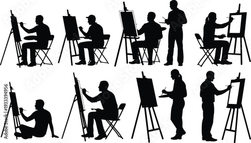Artist silhouette vector illustration, painting and drawing on easel design, creative artwork concept, decorative art symbol, studio expression collection
