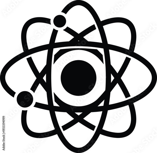 Atom silhouette vector illustration, scientific design artwork, electrons orbit nucleus concept, chemistry and physics education symbol, abstract atomic structure diagram