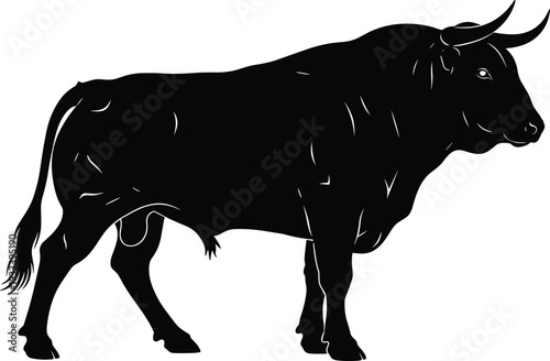 Silhouette bull illustration, strong muscular animal pose, financial market symbol, agriculture livestock design, vector art, powerful horned silhouette, creative strength artwork