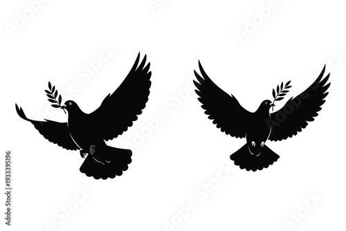 Easter sunday dove silhouette with olive branch on white background